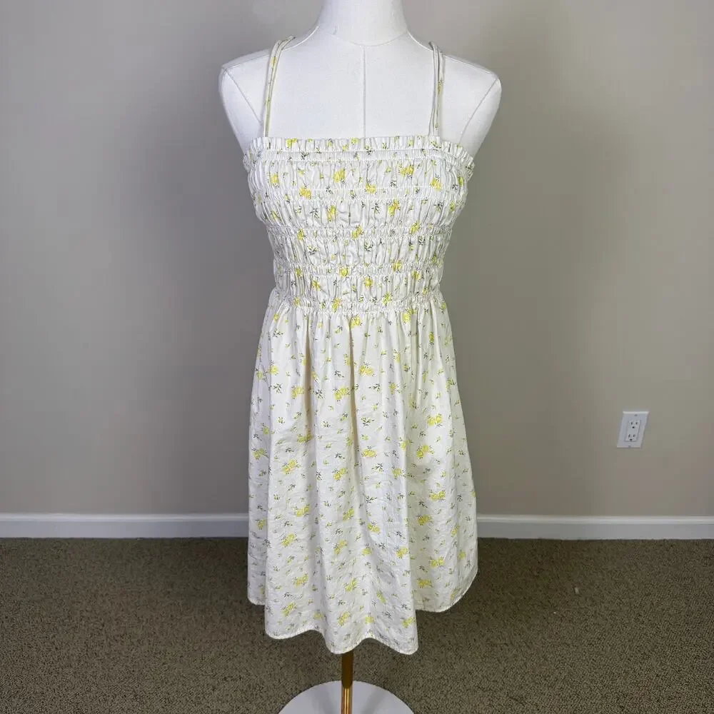 Divided by H&M White Smocked Bodice Floral Cotton Mini Dress US Womens L - Picture 2 of 9